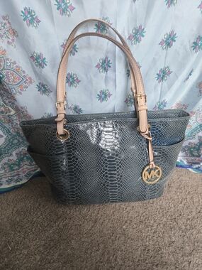 Michael Kors Slate Blue Green Snake-Embossed Tote with Tan Handles